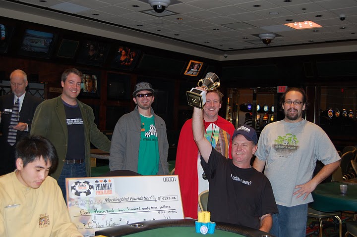 © 2010 Mbird (Photo of Cameron Parker lifting trophy for winning the tournament, with Ellis Godard behind him in a red cape and PhishNet '94 tshirt, and to Ellis's left tournament organizer Kevin Young, and to Ellis's right tournament organizer Jamie Brill, and to Jamie's right tournament disorganizer KingMoron420)
